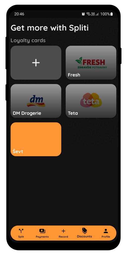 A smartphone displaying the Spliti app interface, showcasing its user-friendly loyalty cards screen design and features