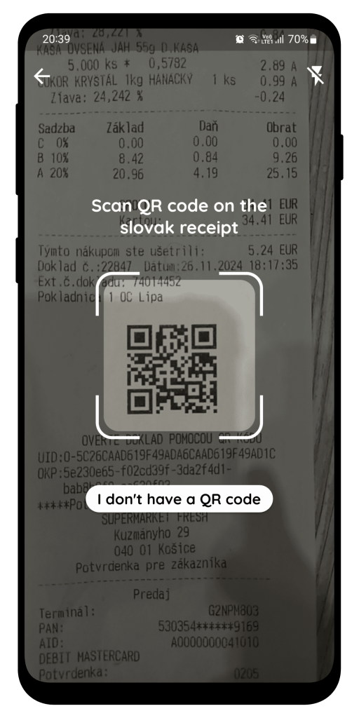 A phone screen showing the QR code scanning feature within the Spliti app, allowing users to easily scan and add receipts for easy expense management and split bills